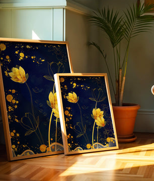 Elegant floral artwork with golden accents on deep blue background