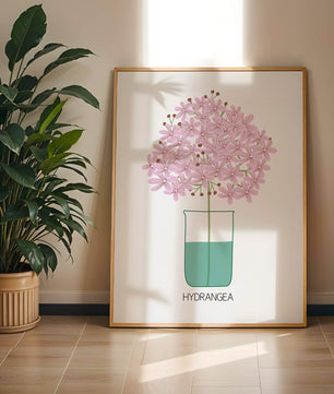 Illustration von Hortensienblüten in einer Vase mit eleganter Linienkunst