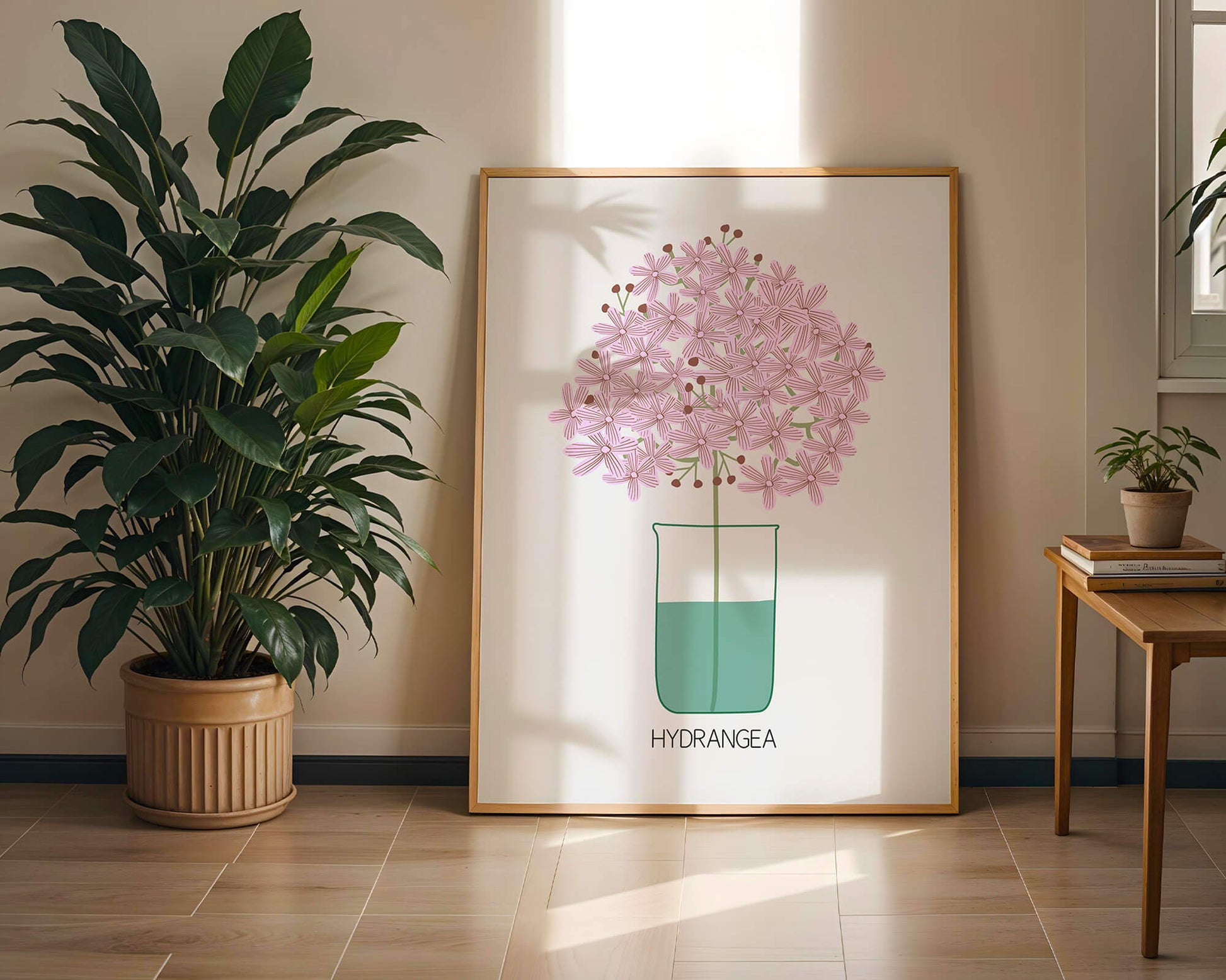 Illustration von Hortensienblüten in einer Vase mit eleganter Linienkunst