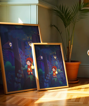 Little Girl in Red Hood Exploring Enchanted Forest at Night with Owl and Bear
