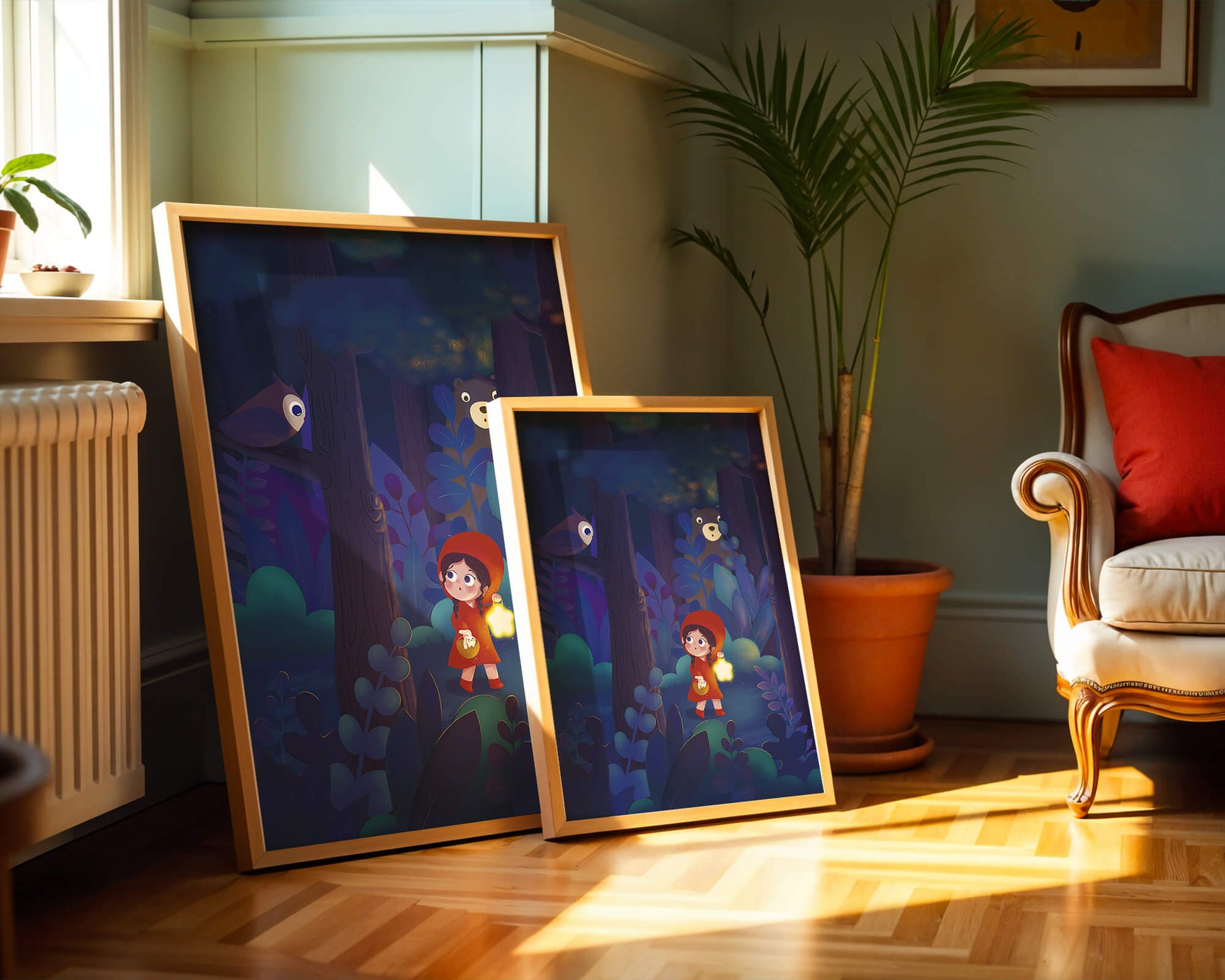 Little Girl in Red Hood Exploring Enchanted Forest at Night with Owl and Bear