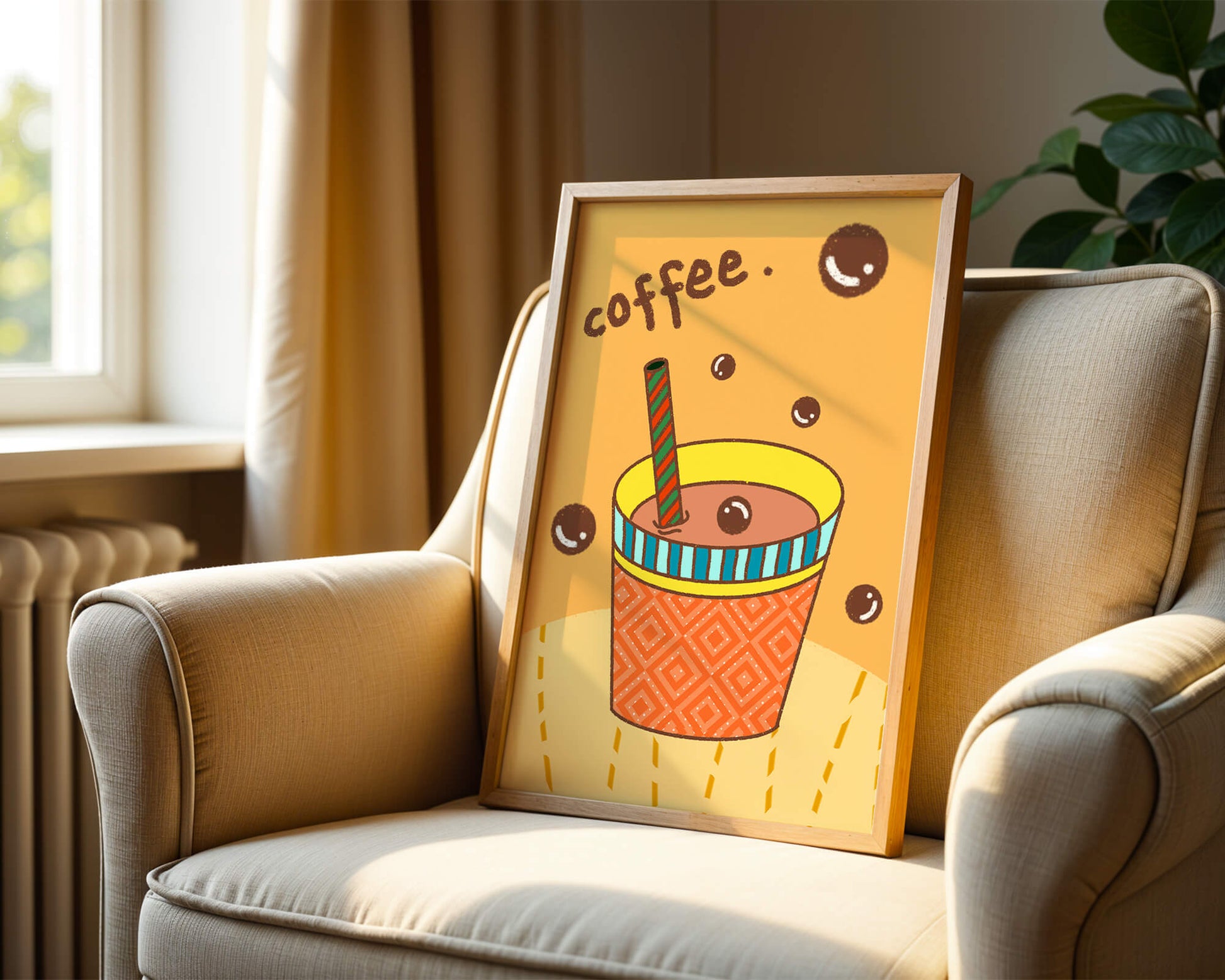 Colorful coffee cup illustration with bubbles and straw