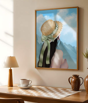 Woman with straw hat and mountain view under blue sky