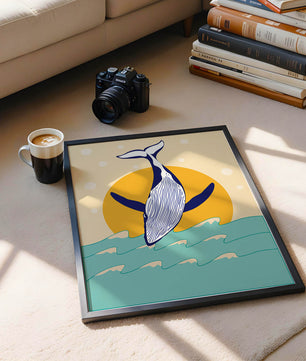 Ilustración de una ballena saltando sobre las olas con un fondo de sol