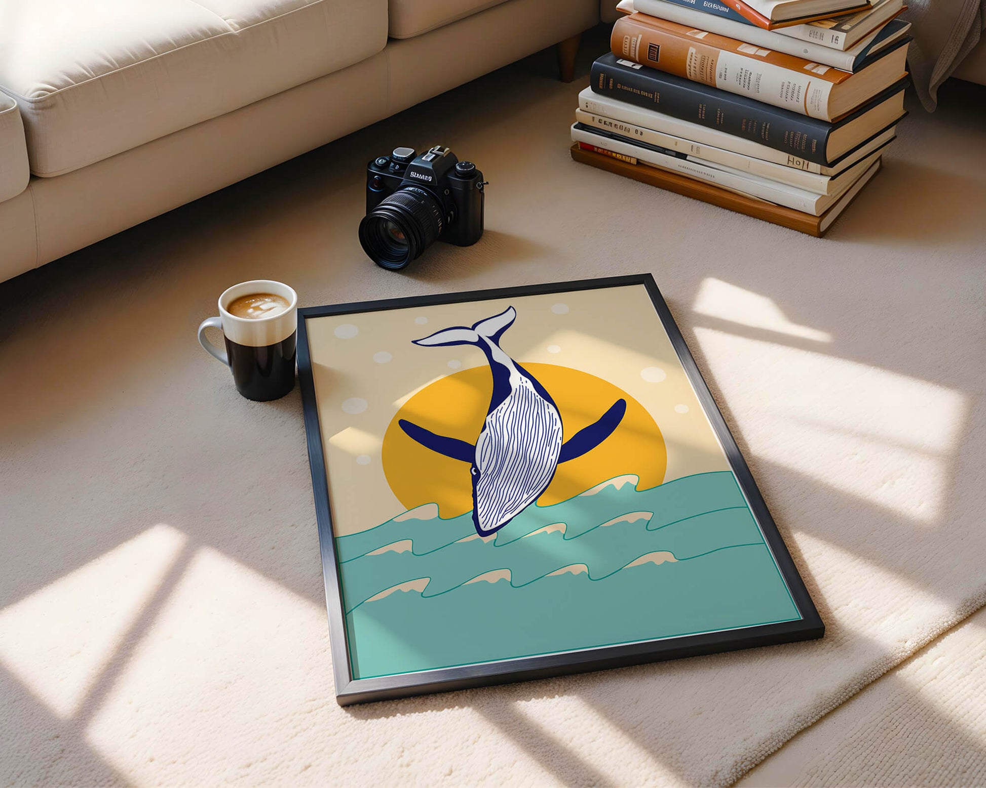 Illustration of a whale jumping over waves with sun backdrop