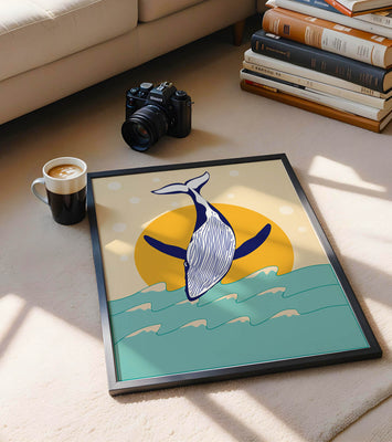 Illustration of a whale jumping over waves with sun backdrop