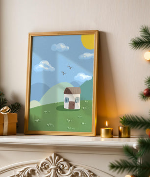 Illustration of a small house on a sunny hillside with clouds in a blue sky