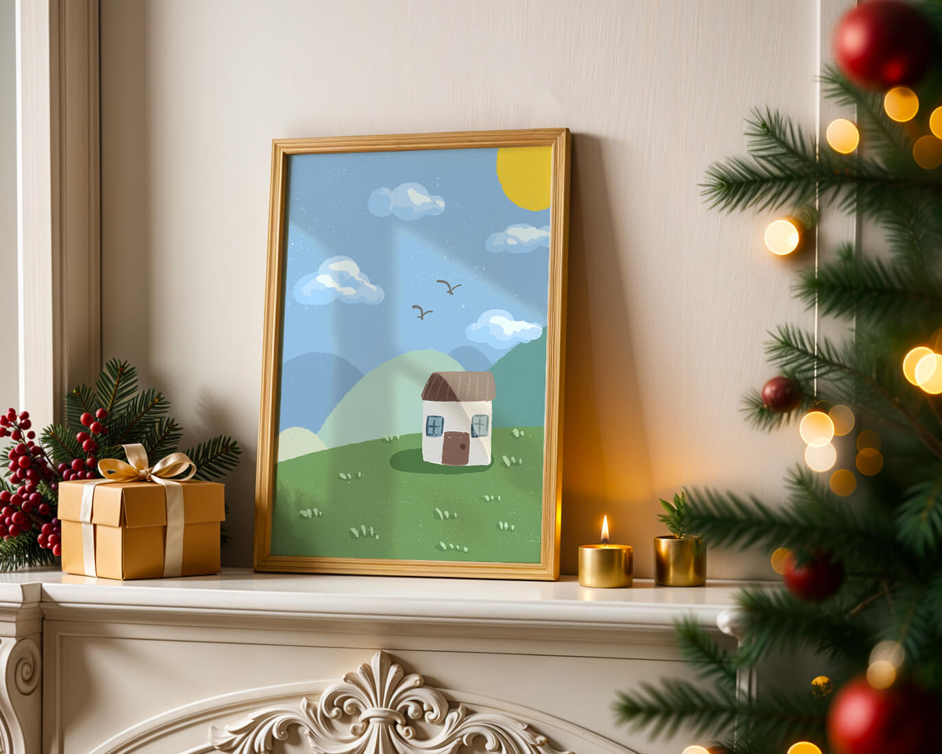 Illustration of a small house on a sunny hillside with clouds in a blue sky