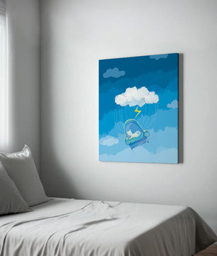Gato soñador en un sillón flotante en un cielo nublado surrealista