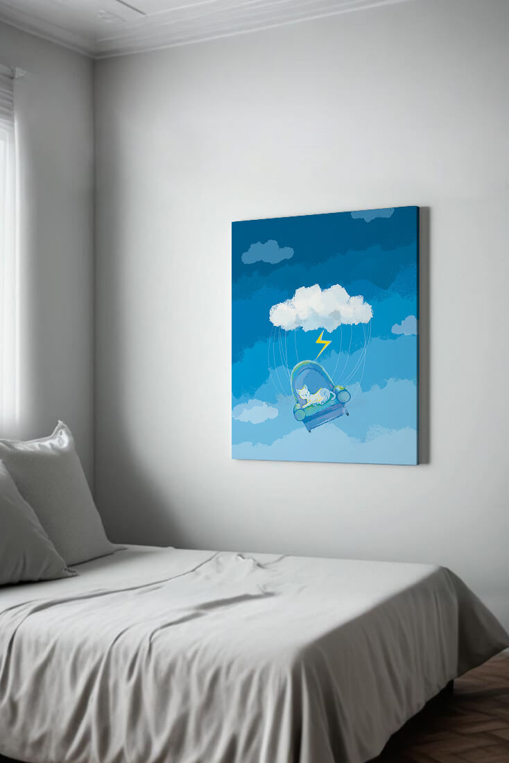 Dreamy Cat on a Floating Armchair in a Surreal Cloudy Sky