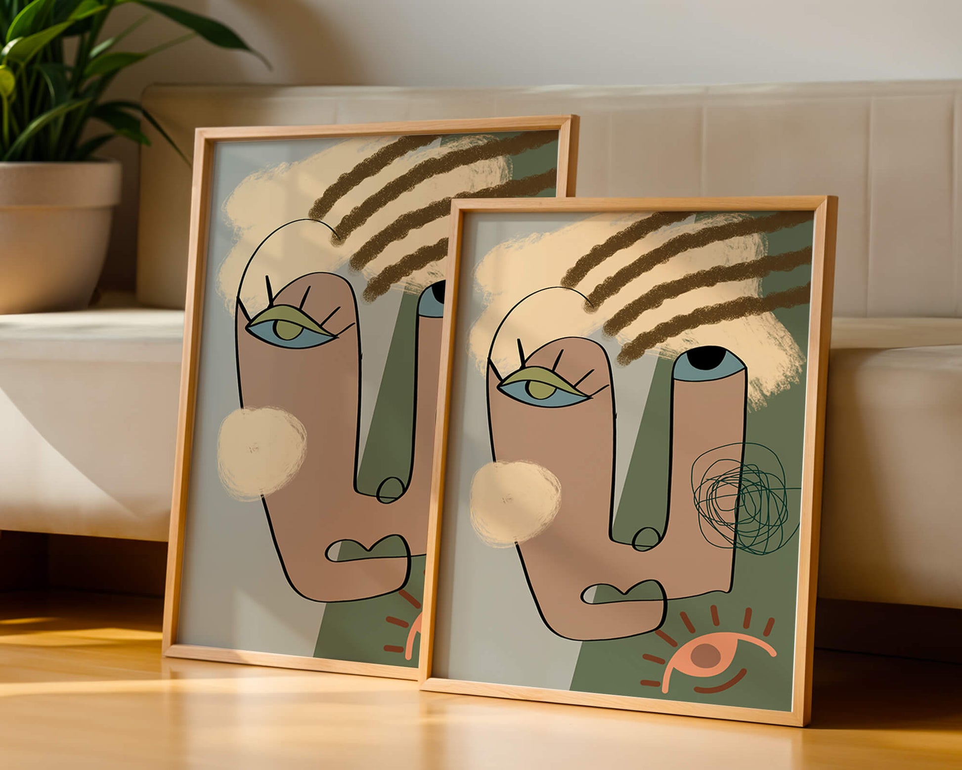 Retrato abstracto con formas geométricas y tonos terrosos.