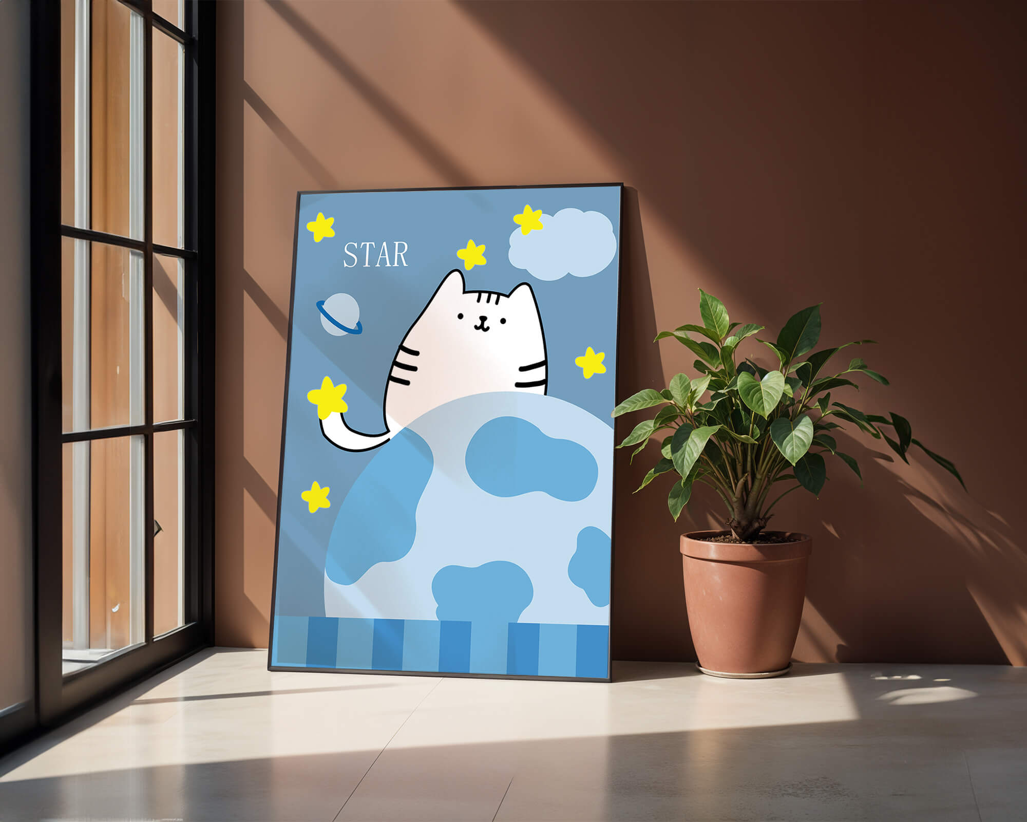 Illustration of a cute cat in space with stars and planets
