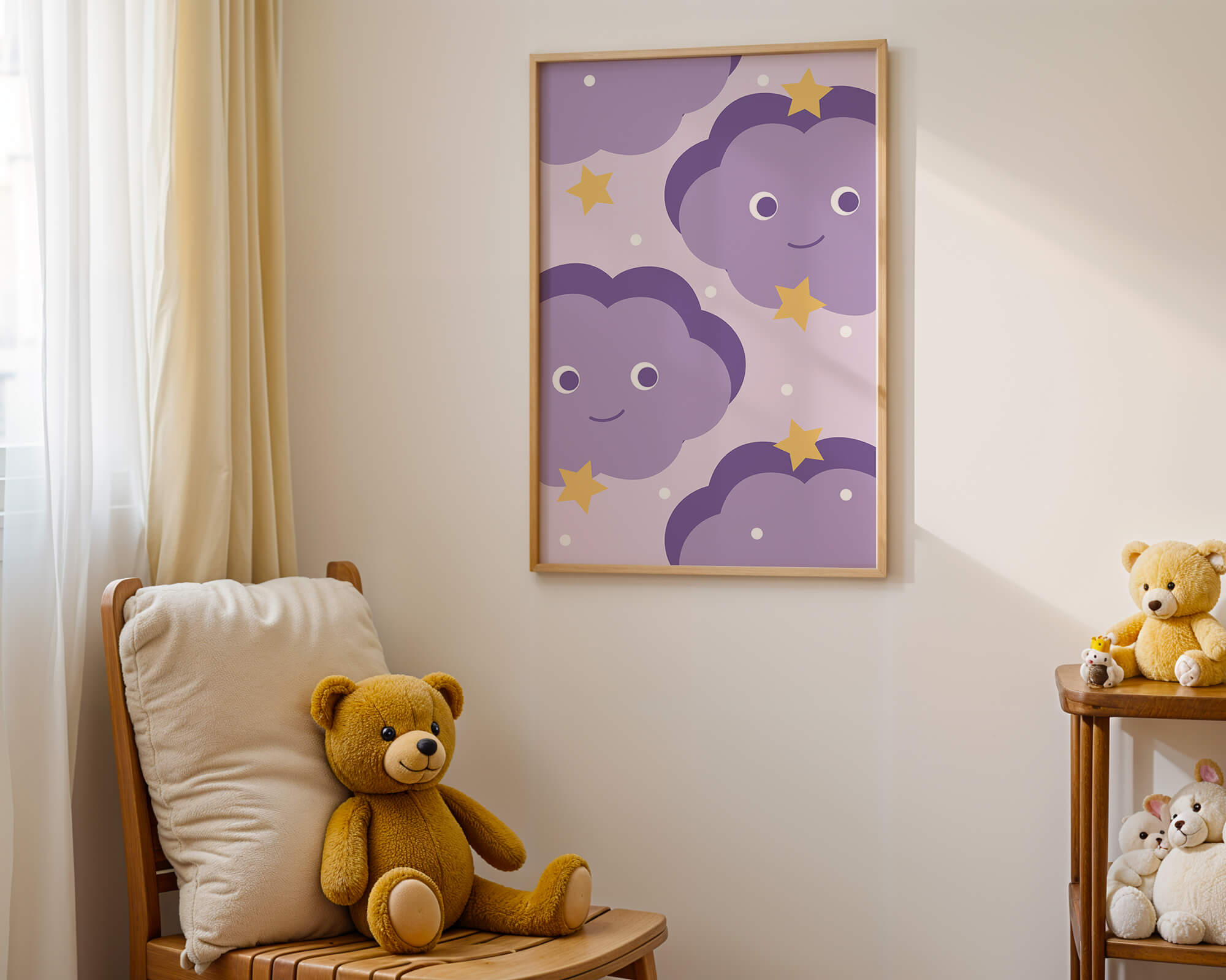 Whimsical purple cloud and star pattern for children's room decor