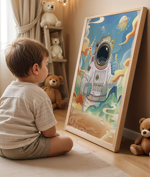 Colorful illustration of an astronaut in space with planets and rocket