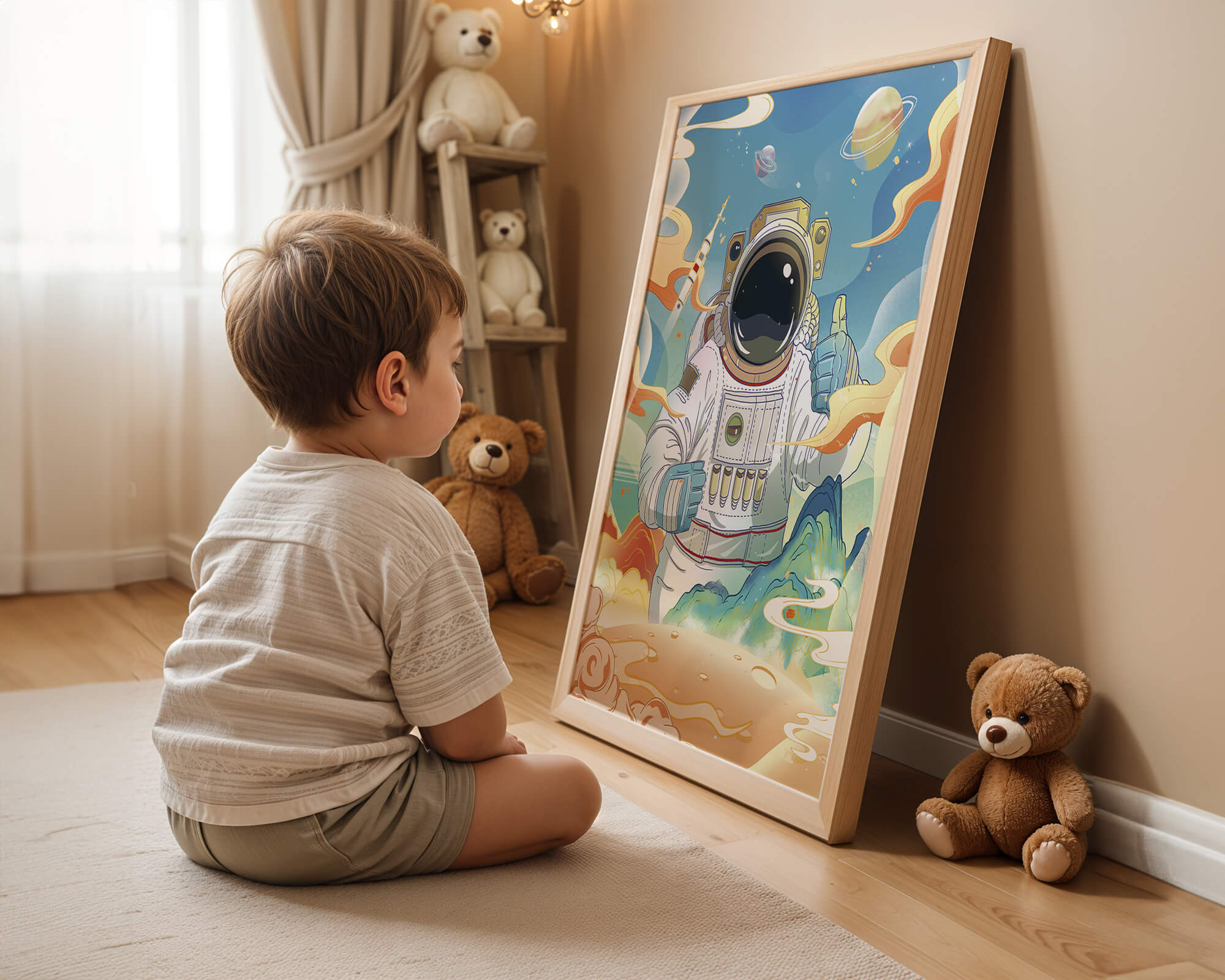 Colorful illustration of an astronaut in space with planets and rocket