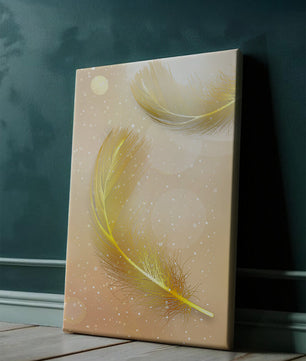 Elegant golden feathers with sparkling particles on soft background