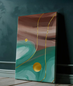 Composición abstracta con elementos dorados sobre fondo turquesa y marrón