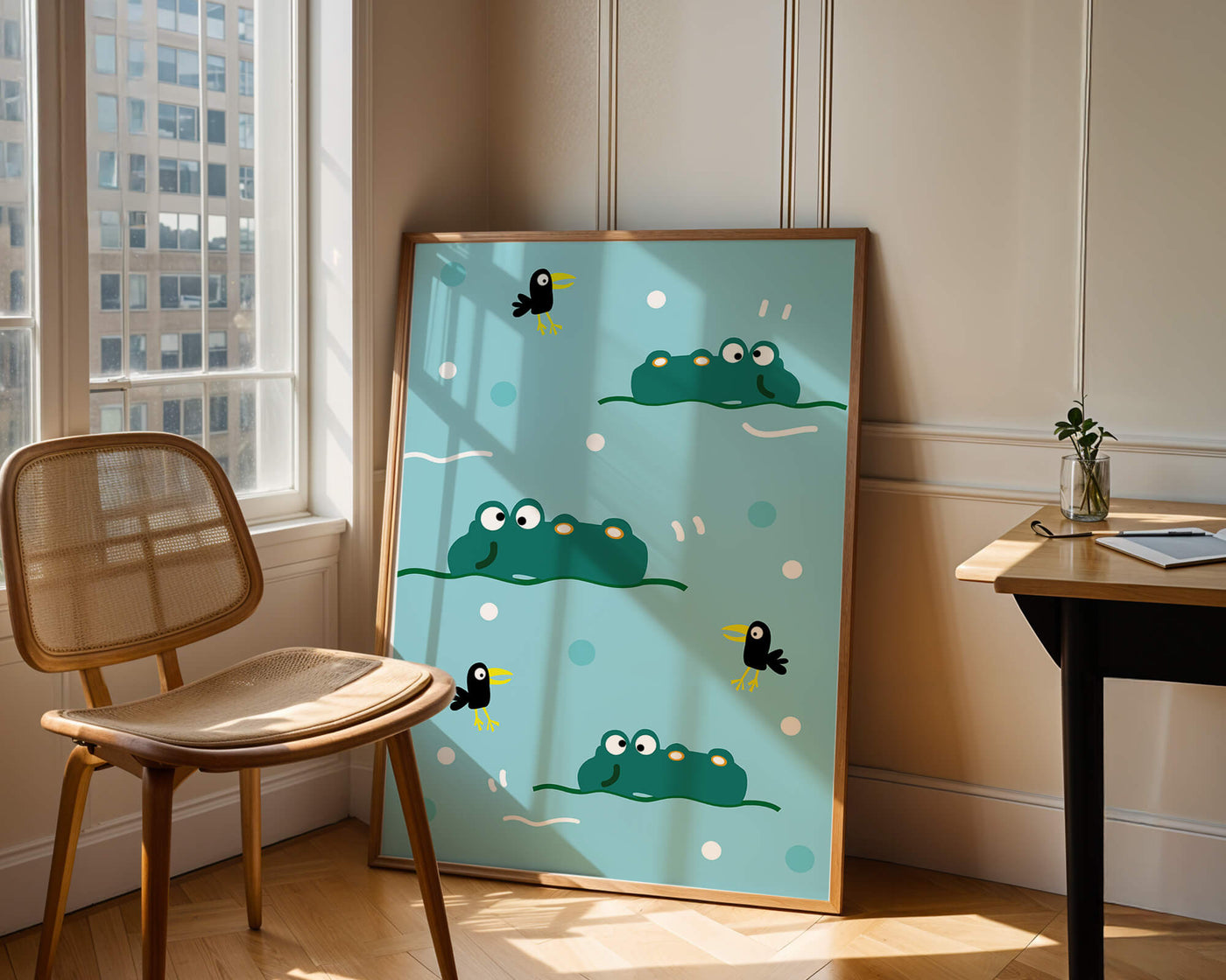 Playful cartoon crocodiles and birds on blue patterned background
