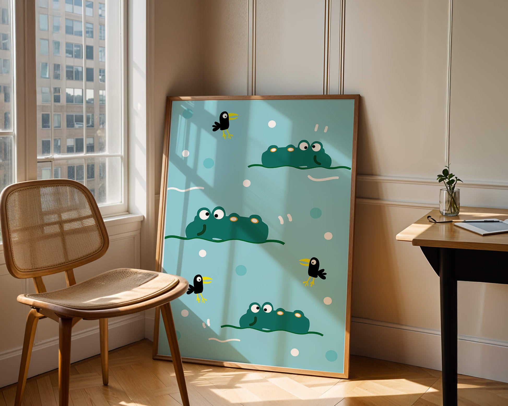 Playful cartoon crocodiles and birds on blue patterned background