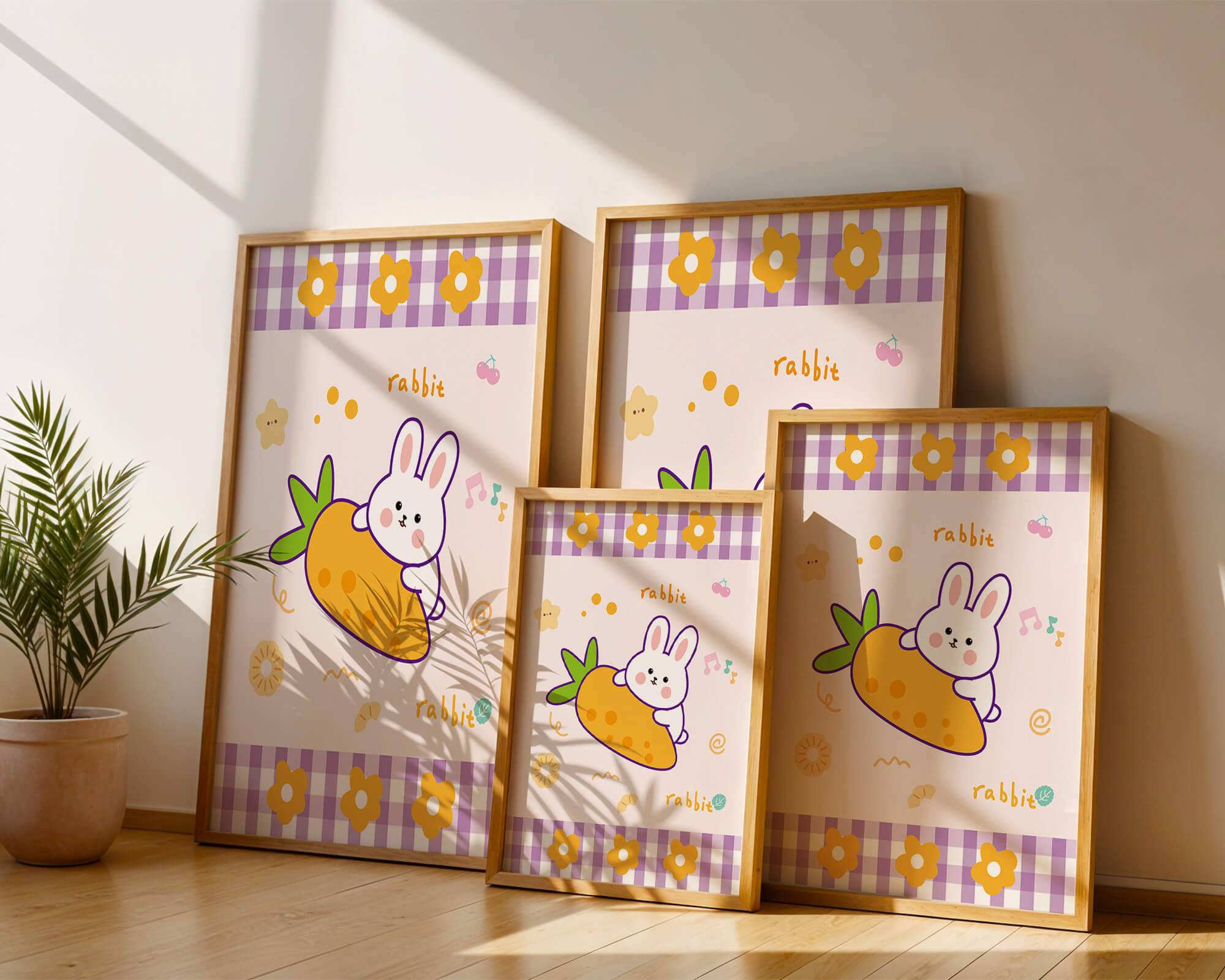 Illustrated cute rabbit with carrot on a colorful background