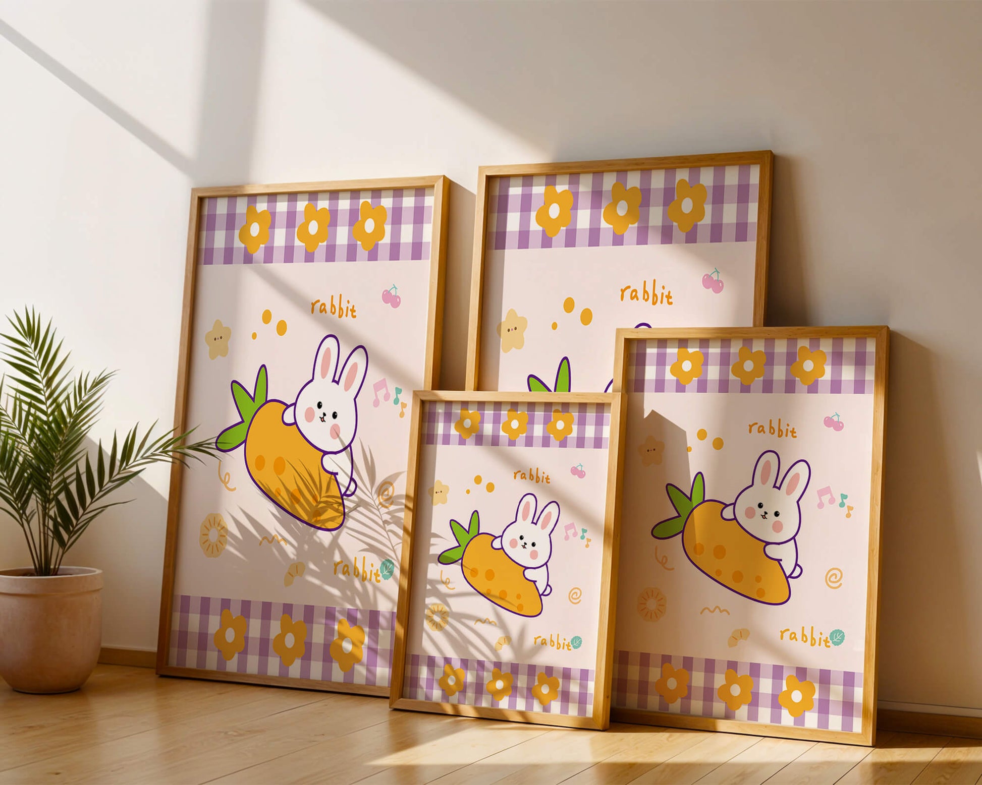 Illustrated cute rabbit with carrot on a colorful background