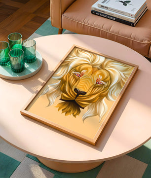 Lion Face with Intricate Golden Pattern and Flowing Mane