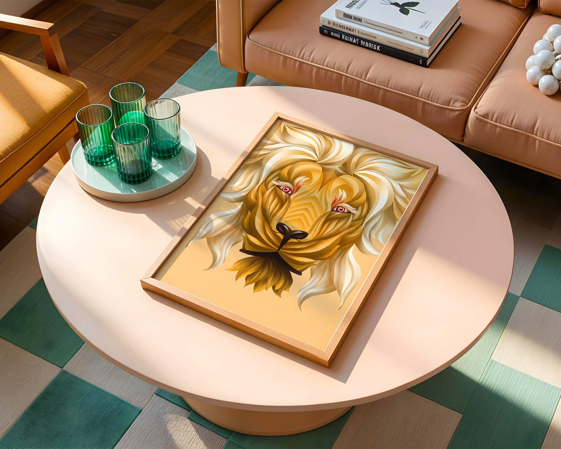 Lion Face with Intricate Golden Pattern and Flowing Mane