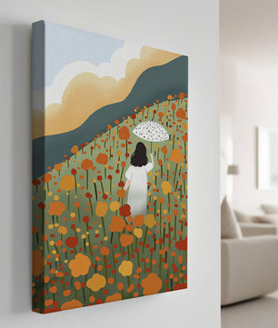 Woman with Umbrella in Blooming Field on a Sunny Day