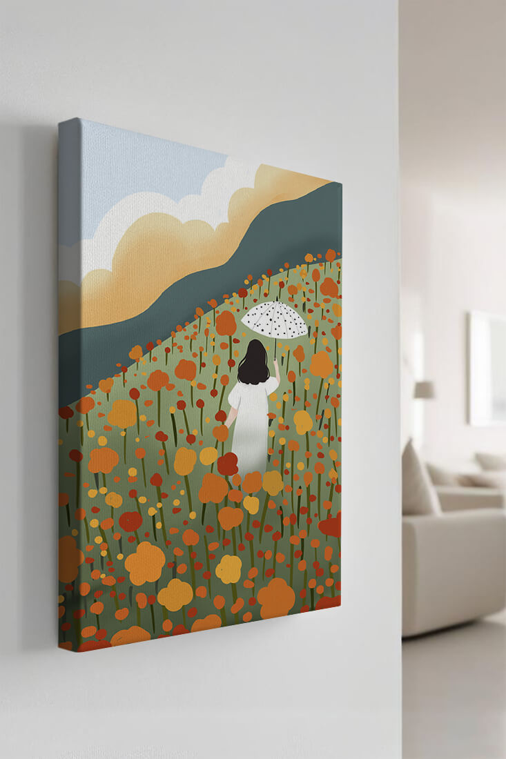 Woman with Umbrella in Blooming Field on a Sunny Day