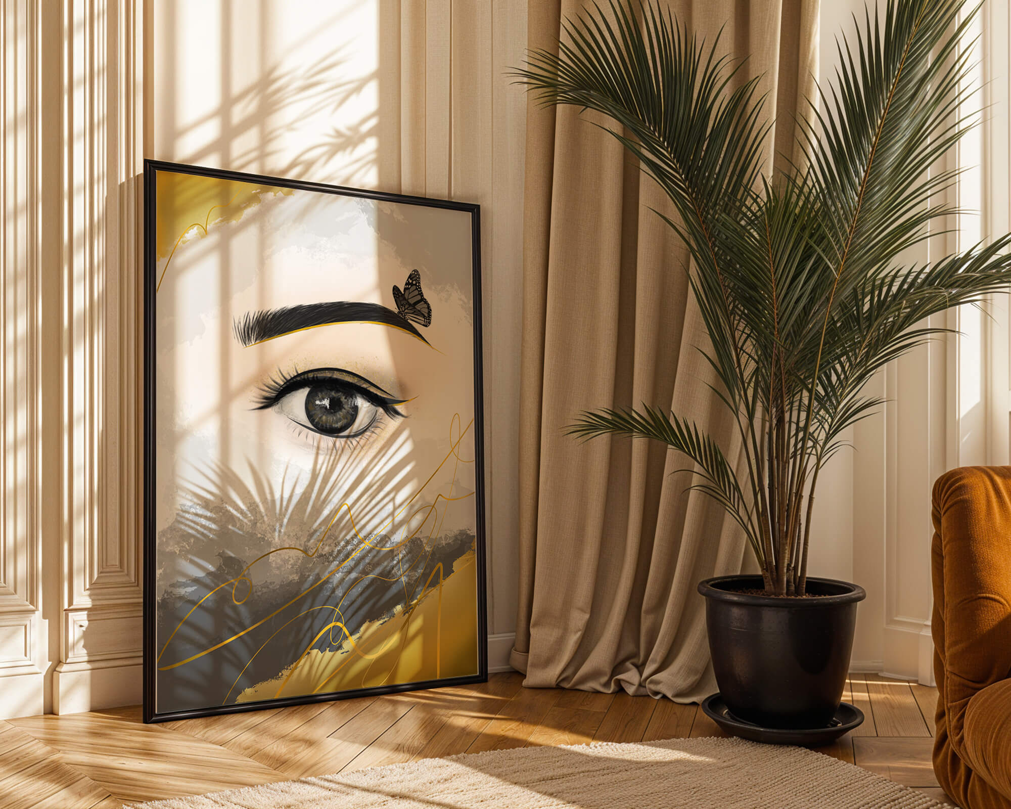 Artistic eye illustration with butterfly and abstract gold accents
