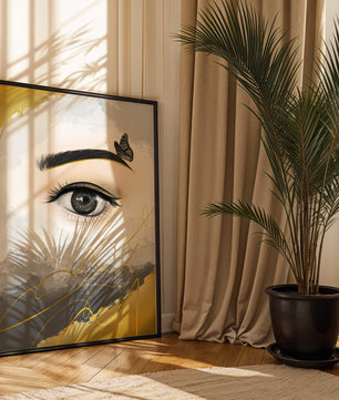 Artistic eye illustration with butterfly and abstract gold accents