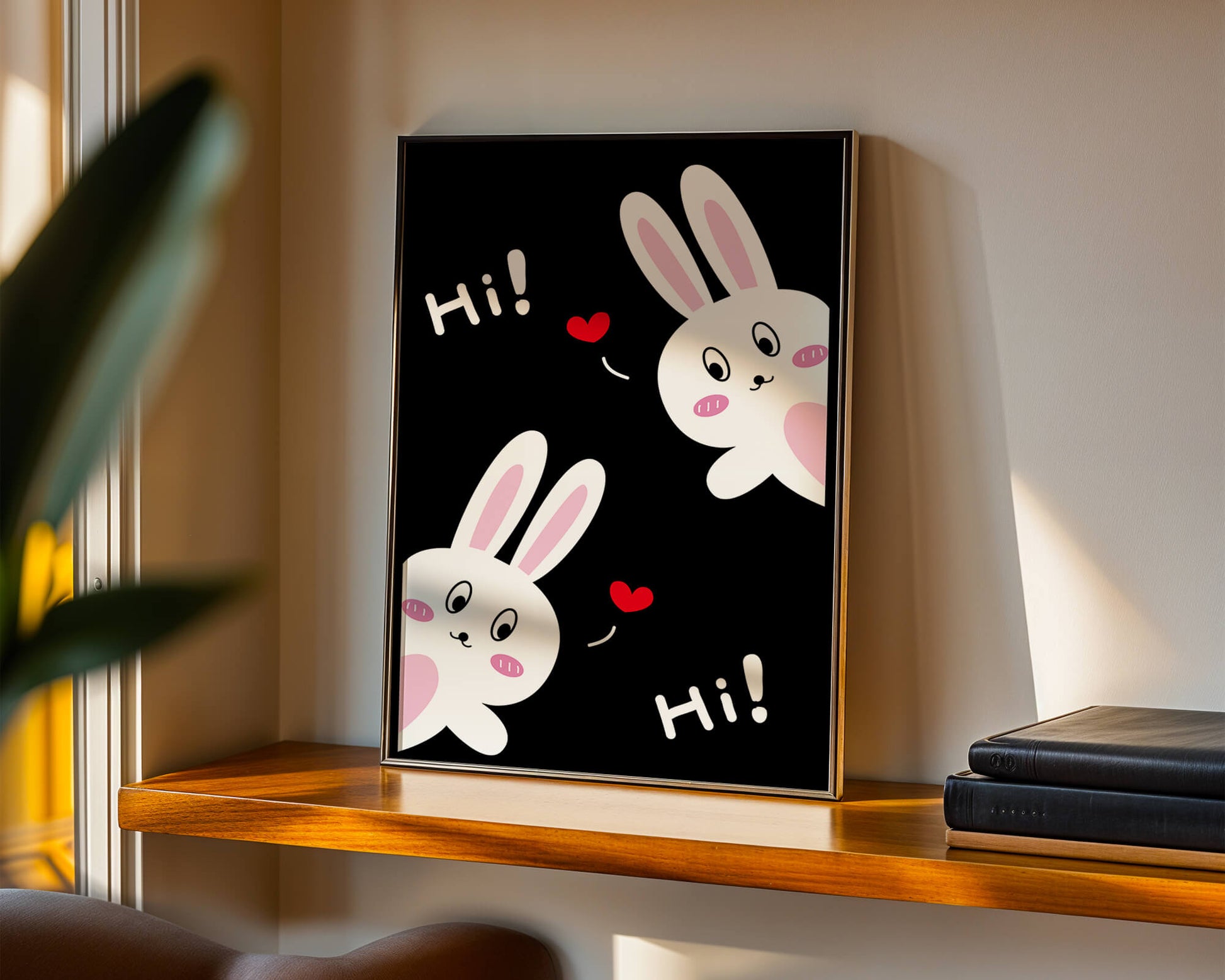 Charming bunny illustration with hearts on black background