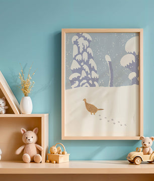 Winter landscape with pheasant walking through snowy forest