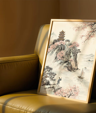 Tranquil Landscape with Cherry Blossoms and Traditional Pagoda