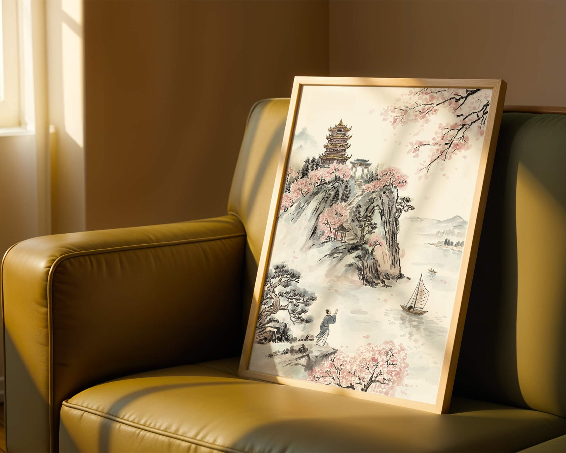 Tranquil Landscape with Cherry Blossoms and Traditional Pagoda