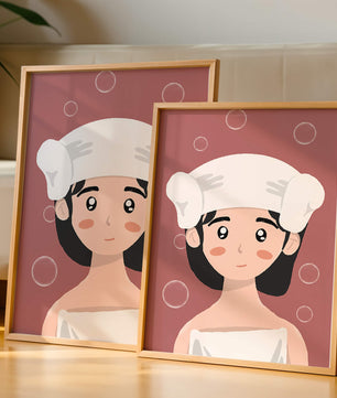 Illustration of a person in a towel with bubbles on a pink background