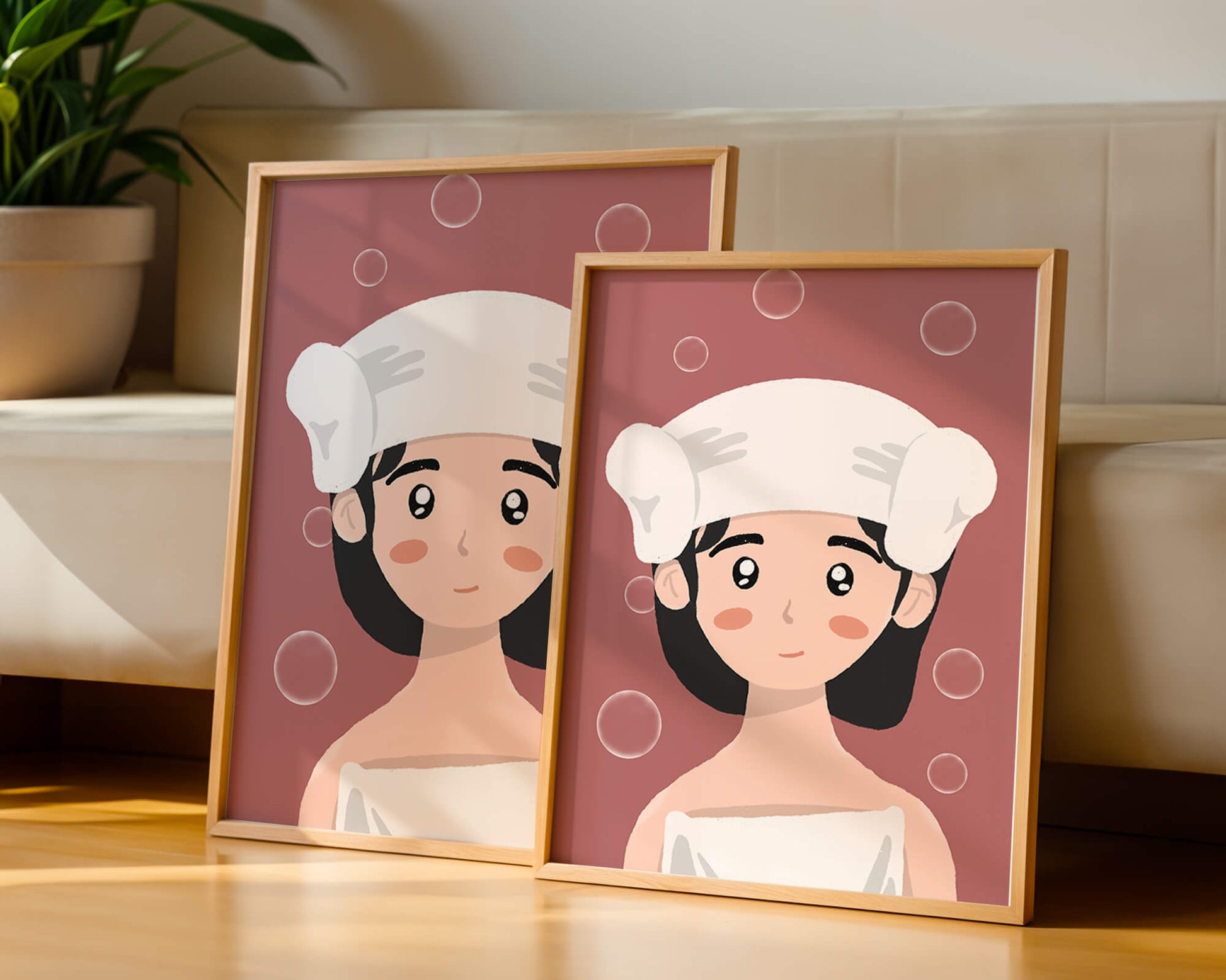 Ilustración de una persona en una toalla con burbujas sobre un fondo rosa