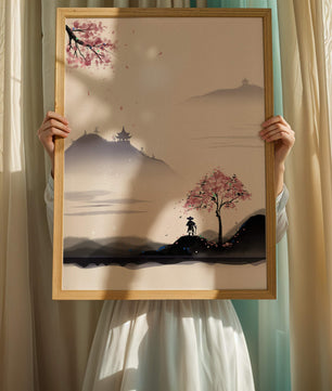 Paisaje sereno con árbol de cerezo y pagodas distantes