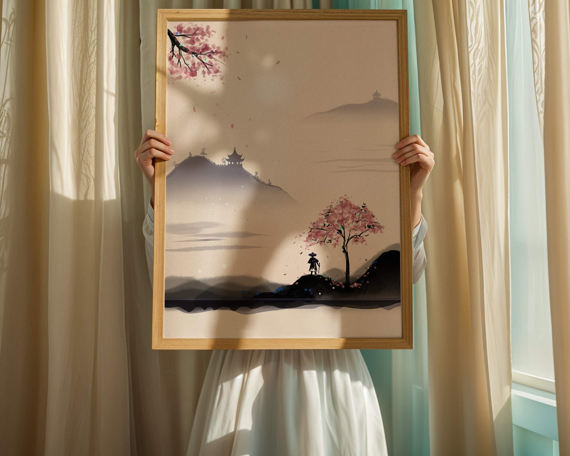 Paisaje sereno con árbol de cerezo y pagodas distantes
