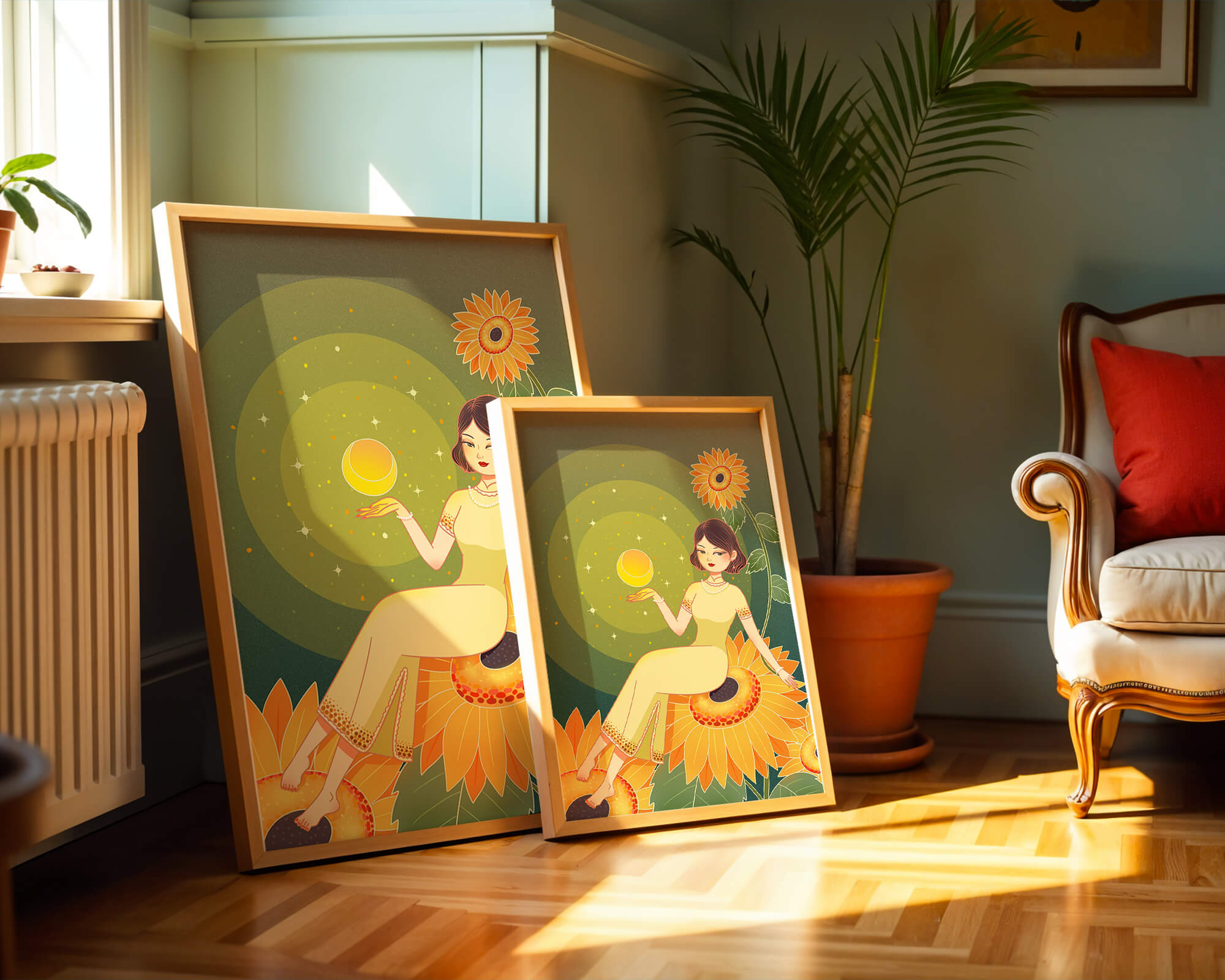 Elegant illustration of a woman on sunflowers with glowing orb