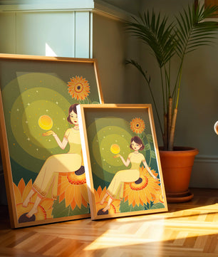 Elegant illustration of a woman on sunflowers with glowing orb
