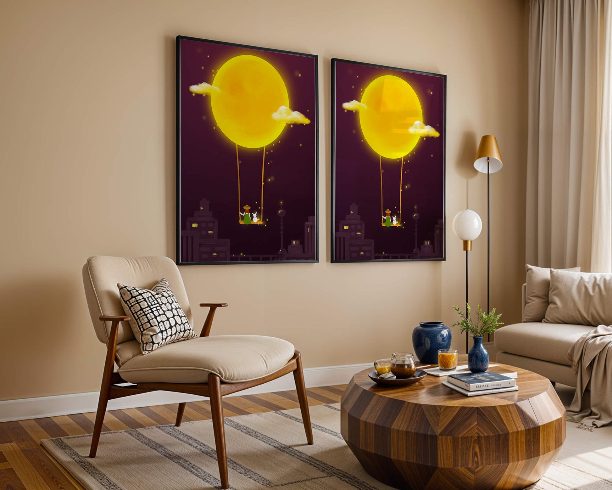 Whimsical night scene with a girl and a rabbit on a swing beneath a glowing moon