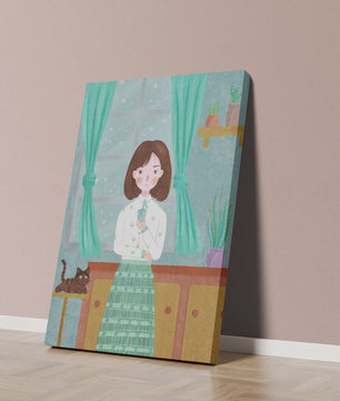 Charming Illustration of Woman and Cat in Cozy Living Room