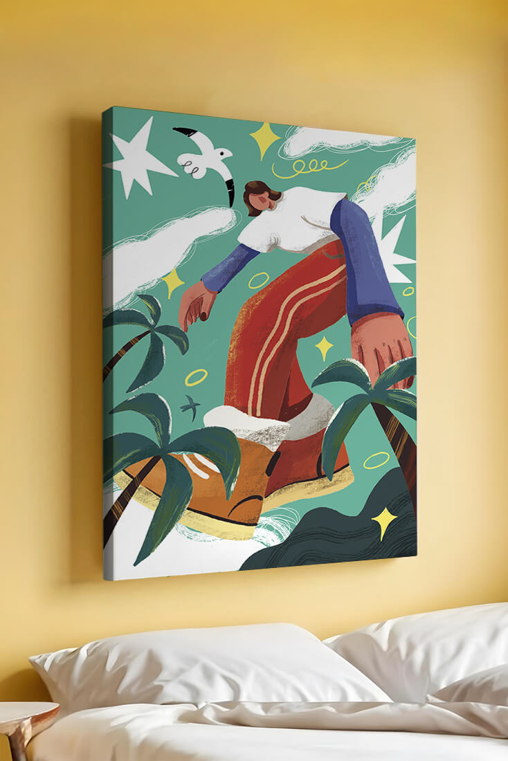 Colorful Abstract Surreal Landscape with Giant Figure and Nature Elements