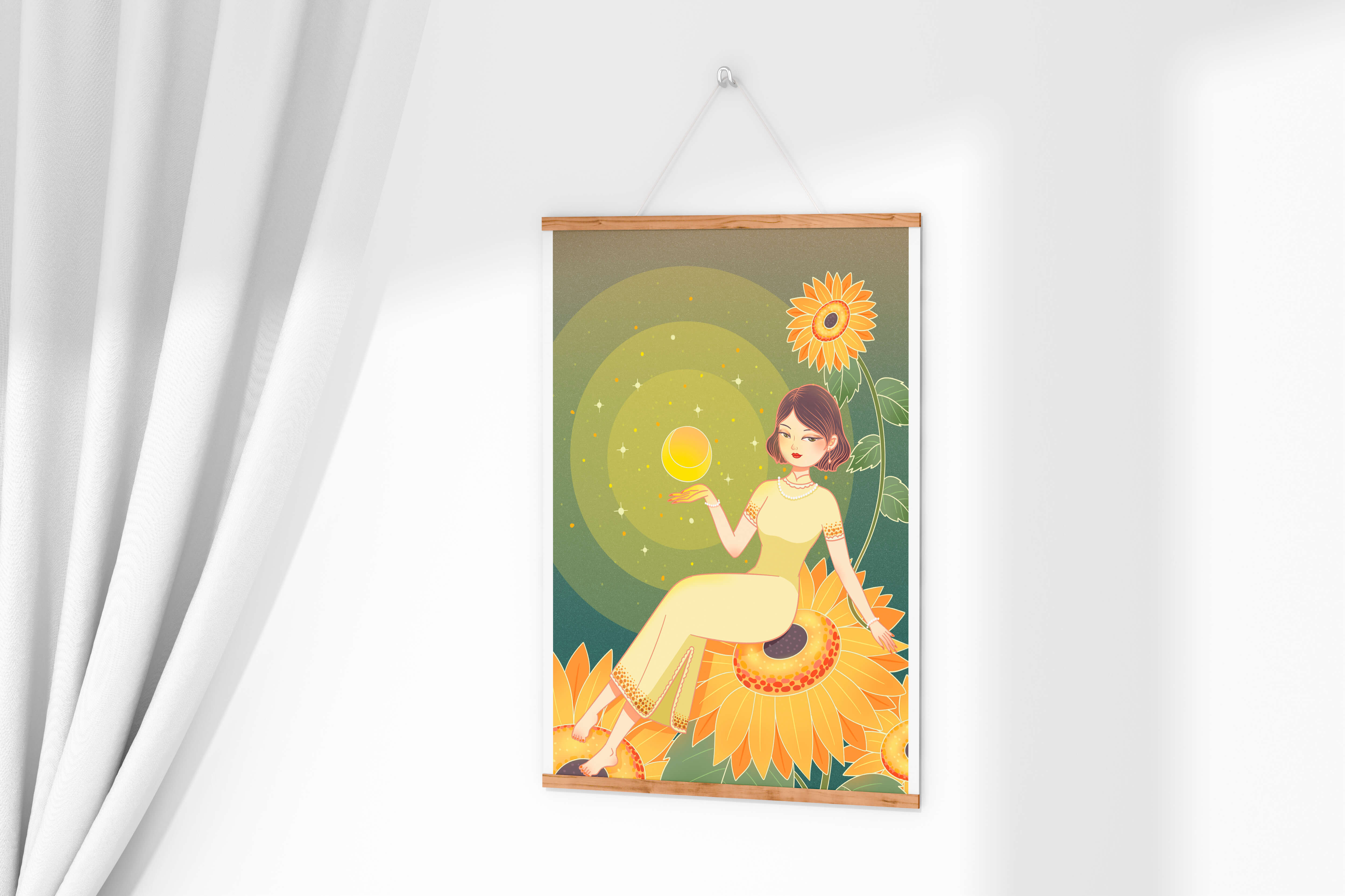 Elegant illustration of a woman on sunflowers with glowing orb