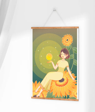 Elegant illustration of a woman on sunflowers with glowing orb