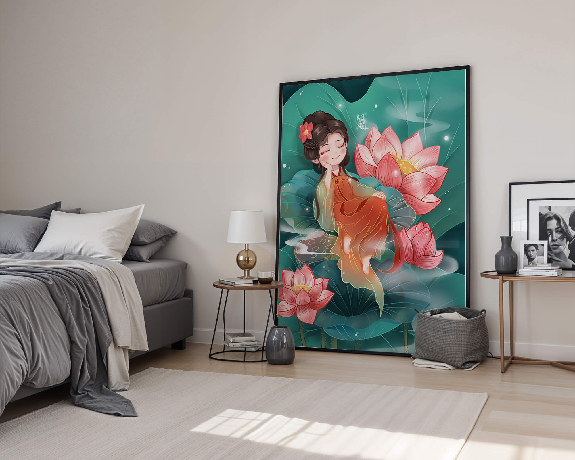 Charming illustration of a girl resting amidst lotus flowers