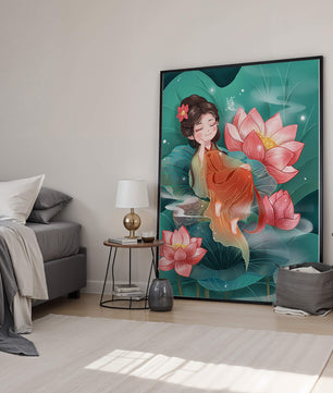 Charmante illustration d'une fille se reposant parmi des fleurs de lotus