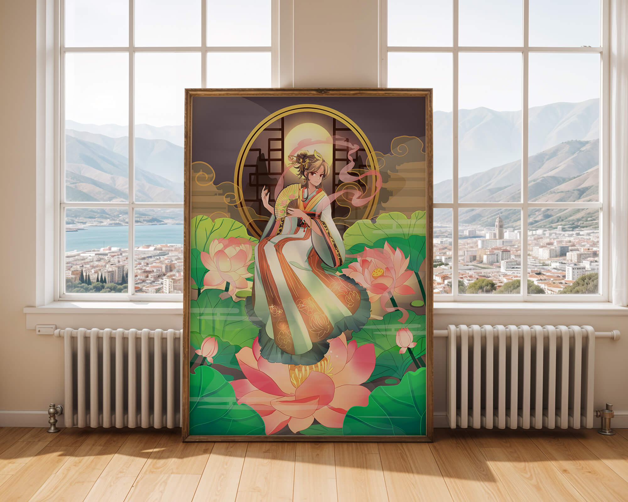 Elegant woman in traditional attire amidst lotus flowers with mountainous background