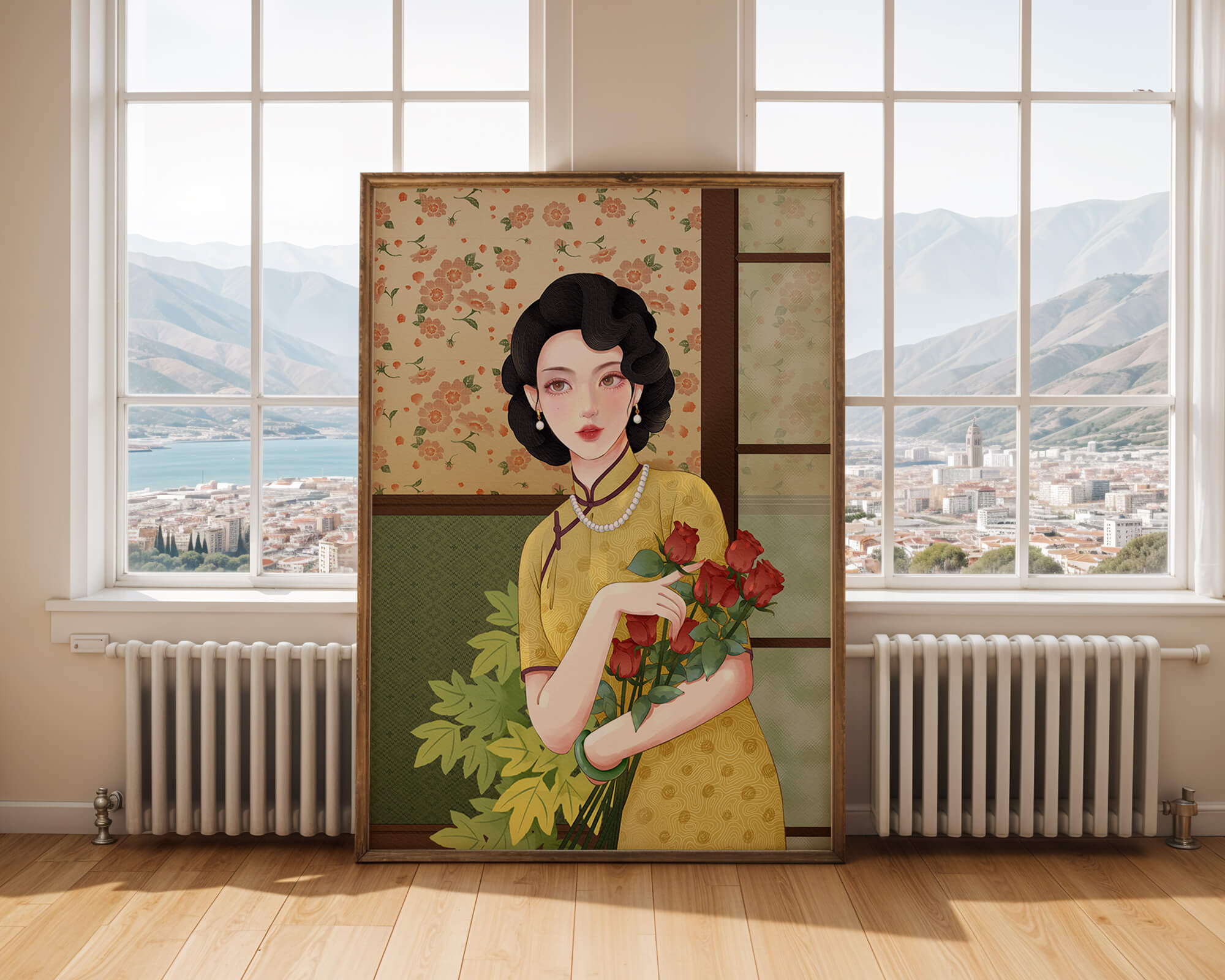 Elegant woman with floral backdrop holding a bouquet